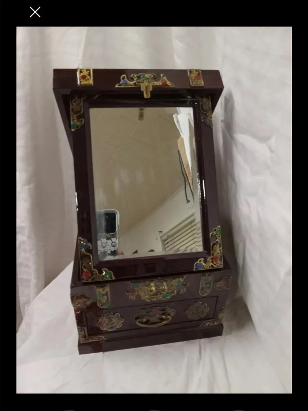 Vintage Asian Style Wooden Jewelry Box with Beveled Mirror